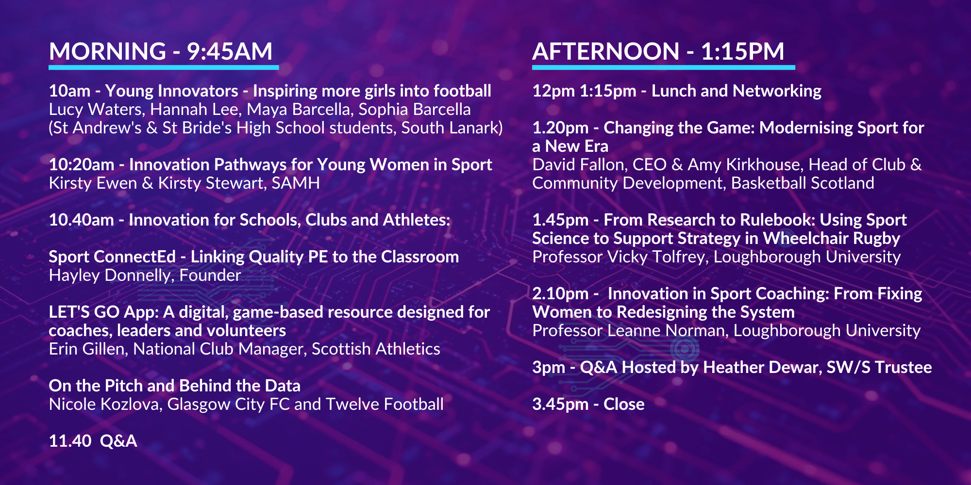 A poster with the full agenda of the conference, as follows: 10am, Young Innovators, Inspiring more girls into football with Lucy Waters, Hannah Lee, Maya Barcella, Sophia Barcella. All students from St Andrew's & St Bride's High School, South Lanark. 10.20am, Innovative Pathways for Young Women in Sport with Tina Hodge & Kirsty Stewart from SAMH. 10.40am, Bitesize talks on Innovation for Schools, Clubs and Athletes. Starting with Sport ConnectEd and Hayley Donnelly, the Founder. LET'S GO App: A digital, game-based resource designed for coaches, leaders, and volunteers with Erin Gillen, National Club Manager, Scottish Athletics. On the Pitch and Behind the Data with Nicole Kozlova, Glasgow City FC and Twelve Football. 11.40am is a Q&A. 12om is a Networking Lunch. 1.20pm, Changing the Game: Modernising Sport for a New Era with David Fallon, CEO & Amy Kirkhouse, Head of Club & Community Development, Basketball Scotland. 1.45pm, Innovation in Practice: Key Considerations for Supporting Female Para Athletes with Professor Vicky Tolfrey, Loughborough University. 2.10pm, Innovation in Sport Coaching: From Fixing Women to Redesigning the System with Professor Leanne Norman, Loughborough University. 3pm, final Q&A.